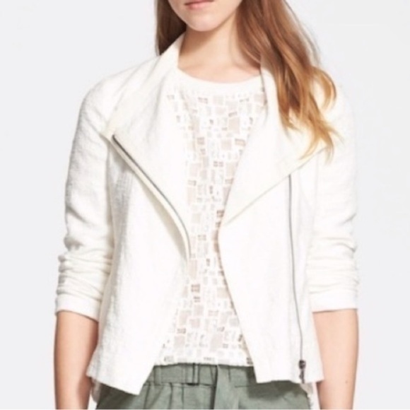 Vince Jackets & Blazers - Vince White Frise Cotton Asymmetrical Zip Moto Jacket